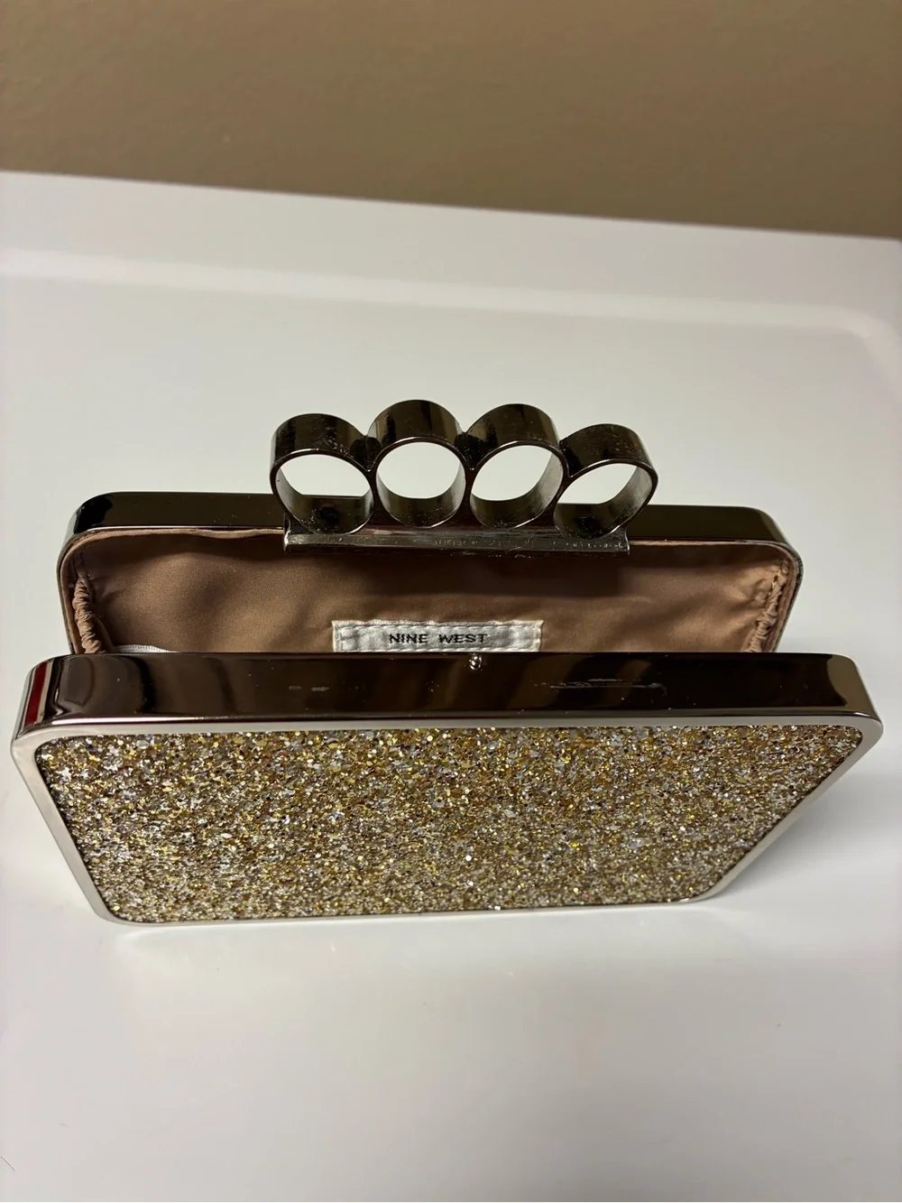 Nine West Gold Glitter Knuckle-Handle Clutch